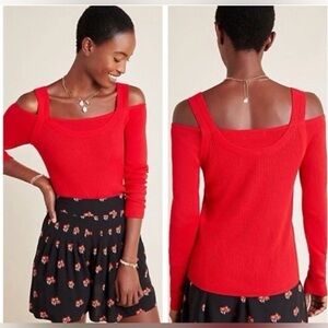 Anthropologie Jamie Open Shoulder Womens Size S Red Stretchy Ribbed Sweater